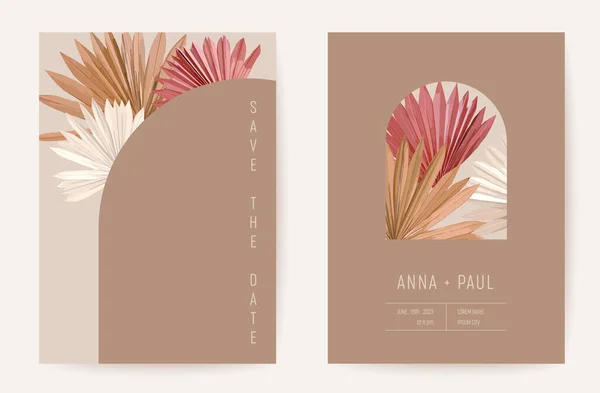 Boda floral invitación tarjeta botánica, palma tropical boho hojas secas cartel, marco conjunto, moderno vector plantilla mínima terracota. Guardar la fecha de oro follaje de diseño de moda, folleto de lujo — Archivo Imágenes Vectoriales