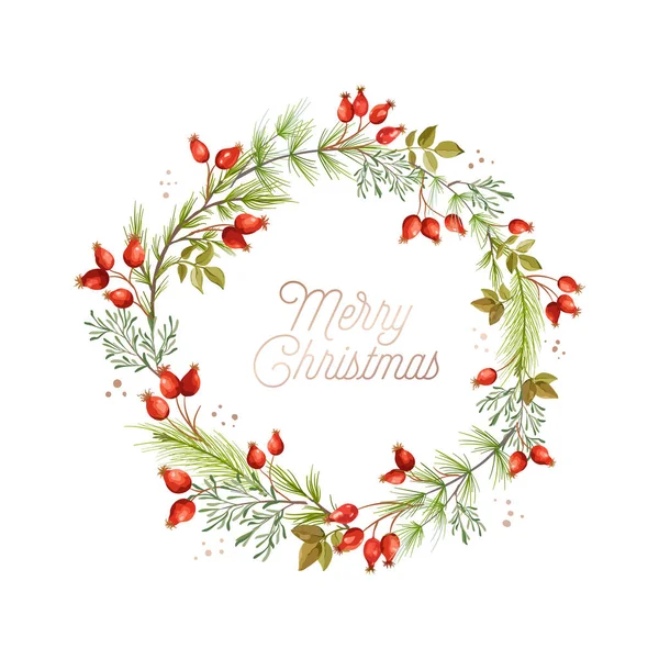 クリスマスリース、緑の松の枝、赤いバラのヒップベリー。冬のクリスマスの休日のデザイングリーティングカードテンプレート。バナー、チラシ、カバー用ベクトルイラストデザイン。ベクトルフラワーイラスト.. — ストックベクタ