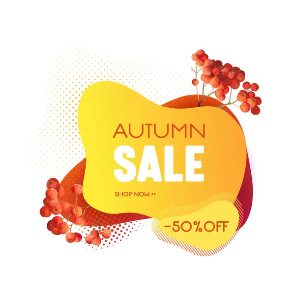 Modèle de bannière de vente d'automne, concept d'escompte de Thanksgiving, bulle abstraite liquide avec illustration vectorielle de baies d'automne. Badge promotionnel pour l'offre saisonnière, promotion, publicité pour le web, ui, bon d'achat — Image vectorielle