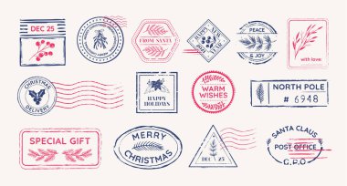 Kışlık vintage pullar, posta kauçuk posta damgaları, Vektör Noel sembolleri, xmas çiçekli tatil posta tasarım elementleri