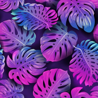 Yaz tropikal neonsuz vektör arkaplanı, Tropik palmiye yaprakları canlı desen, Hawaii çiçek çizimi