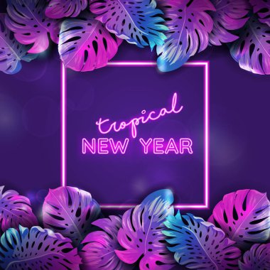 Kış tropik neon pankartı, Noel kumsalı canavarı palmiye yaprakları tasarımı, xmas tropikal arka plan