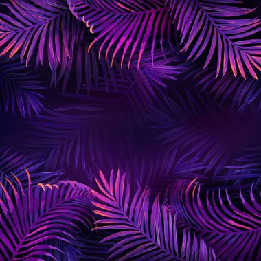 Neon menekşe tropikal parti tasarımı, Palm Forest gece kulübü broşürlerini bırakıyor, yaz gecesi egzotik vektör illüstrasyonları.