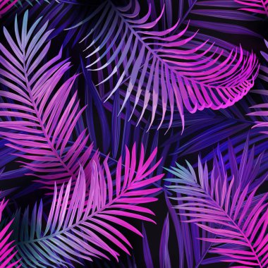 Tropik neonsuz vektör arkaplanı, yaz tropikal palmiye yaprakları canlı desen, Hawaii çiçek illüstrasyonu