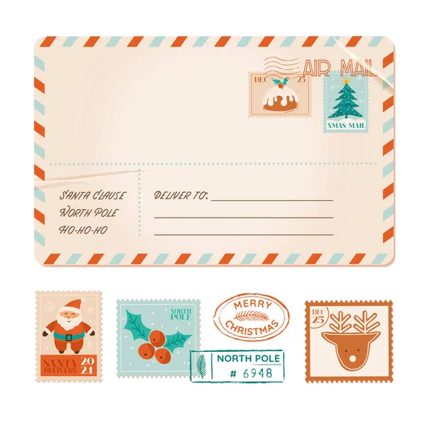 Χριστουγεννιάτικη παλιά διανυσματική ευχετήρια κάρτα, vintage κάρτα, χριστουγεννιάτικα γραμματόσημα κόμμα χειμώνα, καουτσούκ γραμματόσημα, γιορτή — Διανυσματικό Αρχείο
