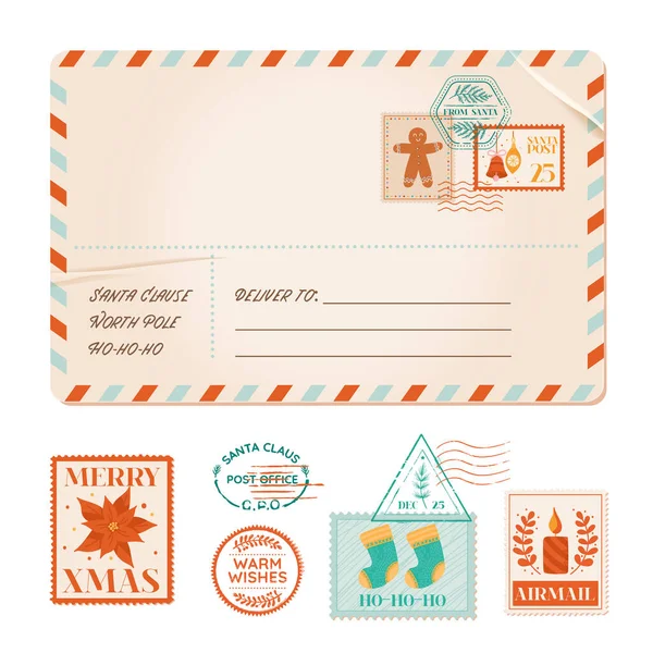 Vector Weihnachtseinladung alte Postkarte, Winter Vintage Postkarte, Weihnachtsfeier Briefmarken, Gummimarken, Feiertagsgruß — Stockvektor