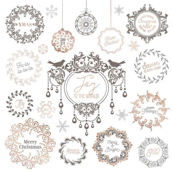 Winter Wreath, Christmas Vintage typographic, New year labels, badges, Calligraphic Design Elements — Stock Vector