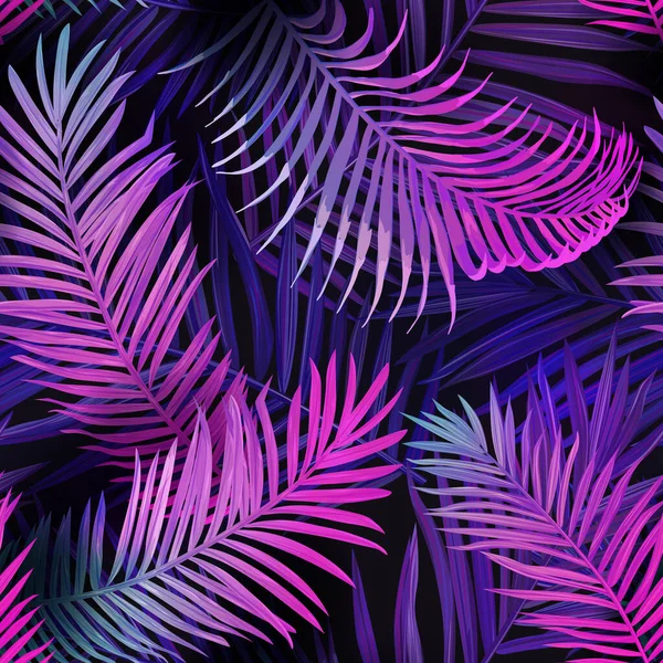 Тропический неоновый бесшовный векторный фон, летние тропические пальмовые листья яркий узор, Гавайи цветочная иллюстрация — стоковый вектор
