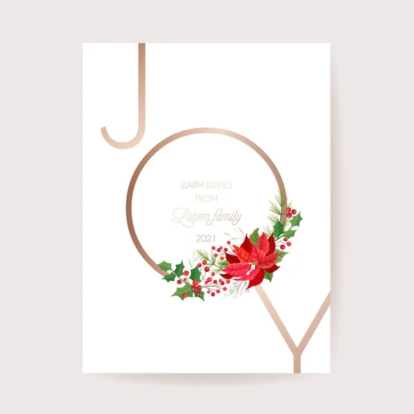 Zimní květinový věnec Poinsettia Card, Vánoční sváteční pozdrav banner šablony. Vektorové květiny, Holly Berry — Stockový vektor