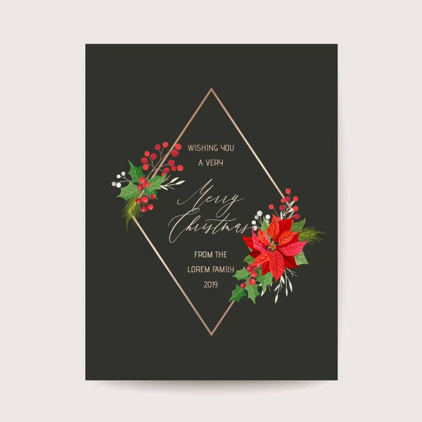 Natal saudação Poinsettia Flower card, Calligraphic Vector Design Illustration, Xmas Winter Season Template — Vetor de Stock