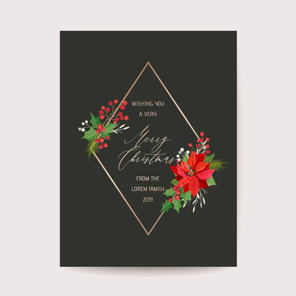 Biglietto di auguri di Natale Poinsettia Flower card, Calligraphic Vector Design Illustration, Modello di stagione invernale di Natale — Vettoriale Stock