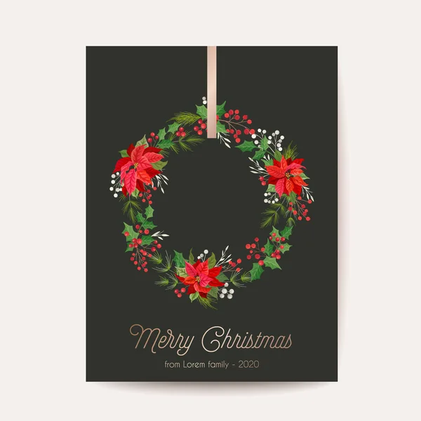 Wizytówka świąteczna, Życzenia sezonowe wektorowe, Życzenia świąteczne noworoczne, Poinsettia Flower, Holly Berry — Wektor stockowy
