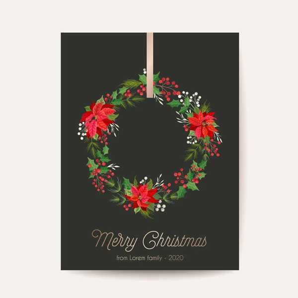 Cartão de felicitações de Natal, Vector Calligraphic Season Wishes, Elementos festivos de Ano Novo, Flor Poinsettia, Berry Holly — Vetor de Stock