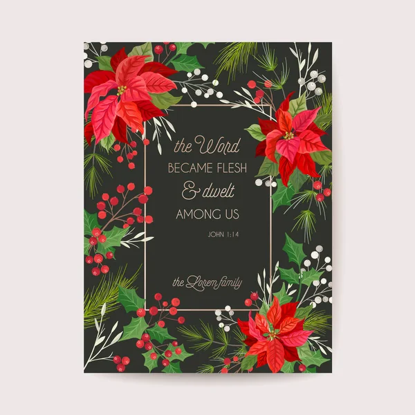 Boże Narodzenie Poinsettia Flower Card, Wektor Party wzór zaproszenia, dekoracja sezonowa, liście święte i jagody — Wektor stockowy