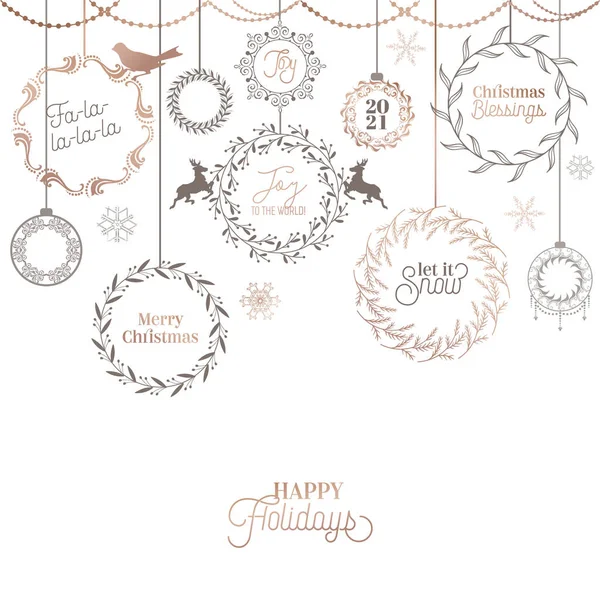 Diseño de corona de Navidad vintage, Tarjeta caligráfica de vacaciones de invierno, Decoración de tipografía de página vectorial — Archivo Imágenes Vectoriales