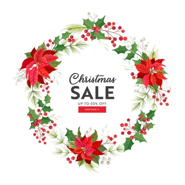 Carte de vente de Noël, Offre Vecteur Vacances d'Hiver, Promotion spéciale Nouvel An, Fleur de Poinsettia — Image vectorielle