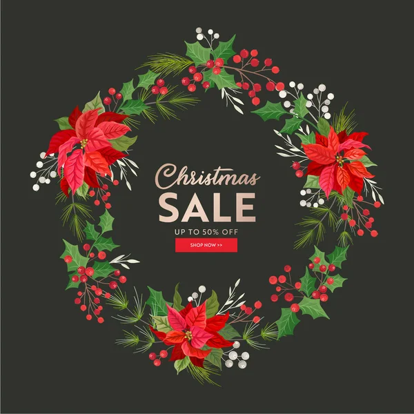 Kerstkaart, Vector Winter Holiday Season Aanbieding, Nieuwjaar speciale promotie, Poinsettia Bloem — Stockvector