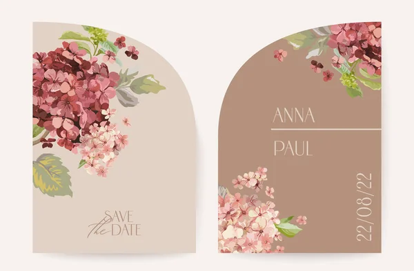 현대 최소화 Art Deco Wedding vector Invitation, botanical boho card, hydrangea flower poster, frame set — 스톡 벡터