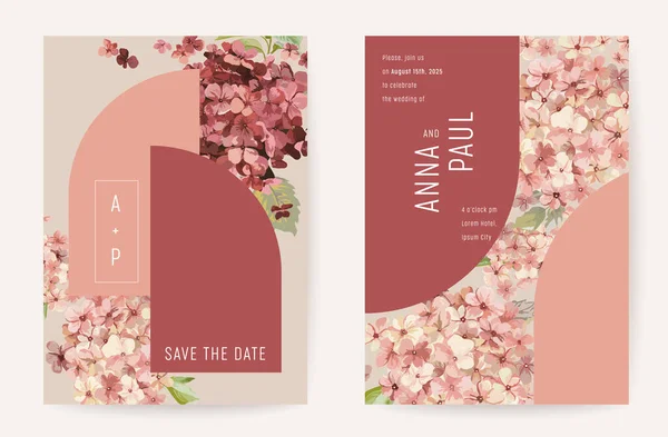 Floral convite de casamento cartão botânico, boho outono hydrangea cartaz, quadro definido, modelo mínimo moderno — Vetor de Stock