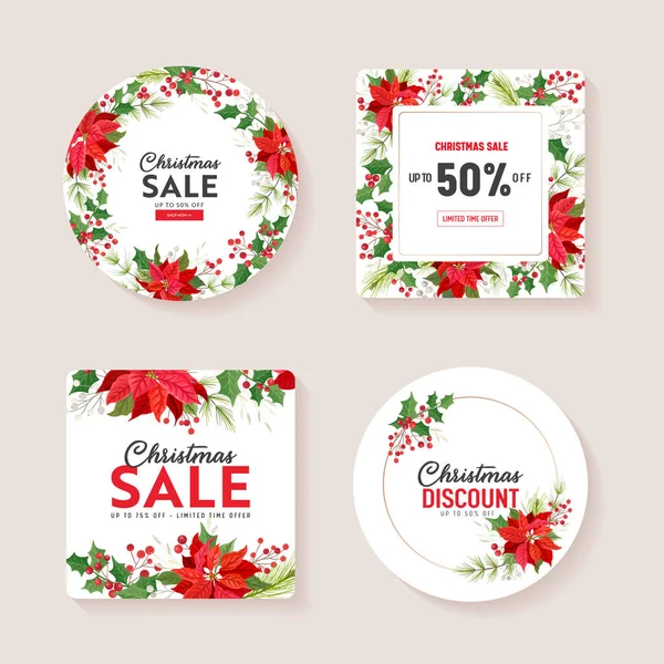 Vector Christmas Season Offer, Winter Holiday Sale card, Xmas special promotion. Poinsettia Flower, Holly Berry — Stock Vector