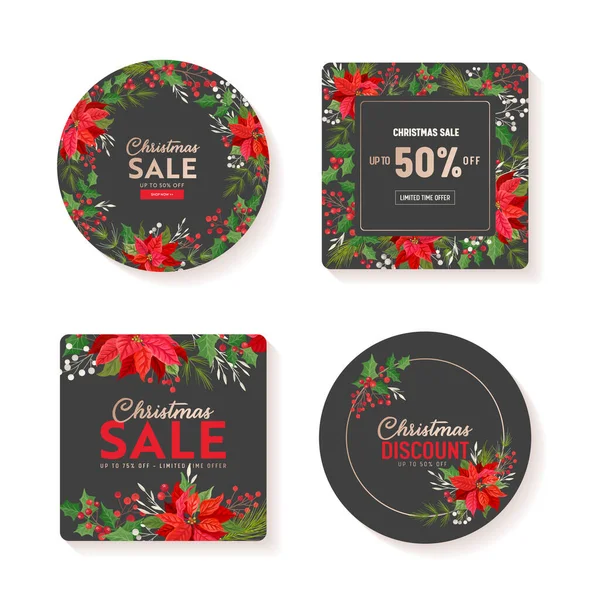 Winter Sale tag vector banner. Kerstpakket, kerstpakket, kerstactie voor de detailhandel. Poinsettia Bloem, Holly Berry — Stockvector