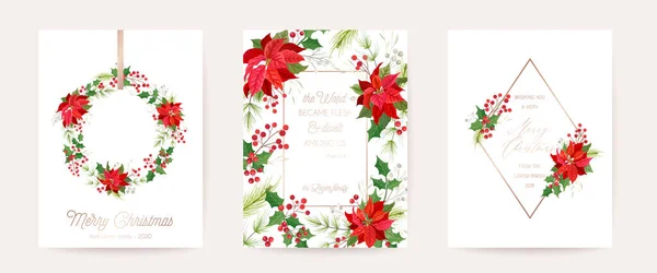 Set di eleganti Buon Natale, Vettoriale Anno Nuovo 2021 Carte con Fiore di Poinsettia, Holly Berry, Vischio — Vettoriale Stock