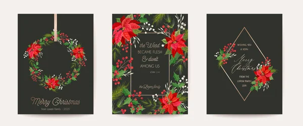 Conjunto de Elegantes Feliz Navidad, Vector Año Nuevo 2021 Tarjetas con Flor de Poinsettia, Holly Berry, Muérdago — Vector de stock