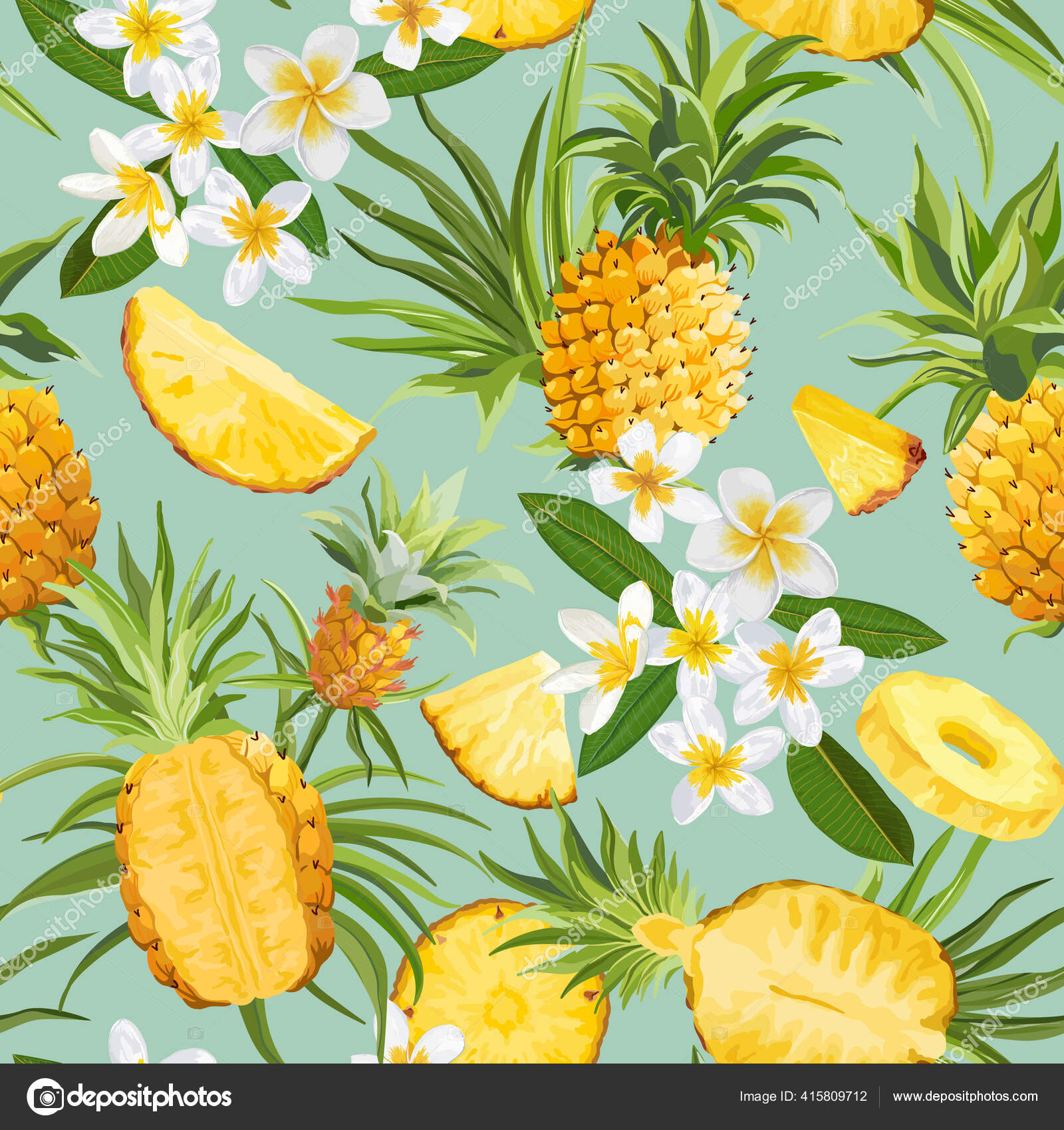 Pineapple And Tropical Flowers Seamless