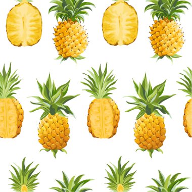 Kusursuz Vector Pineapple Deseni, Tropikal Meyve Dokusu, Renkli Tropik Meyveler Arkaplan, Orman, Hawaii Kapağı