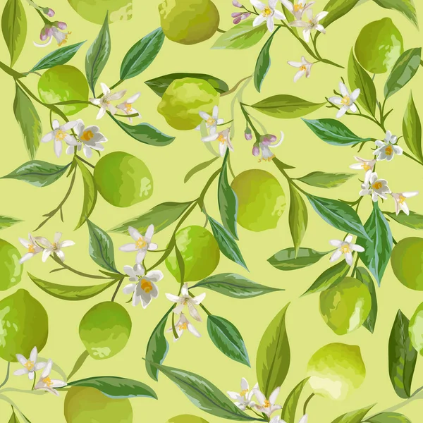 Kalk Bloemen Achtergrond, Vector Naadloze Fruit Patroon, Citrusvruchten, Bloemen, Bladeren, Limes Takken textuur — Stockvector