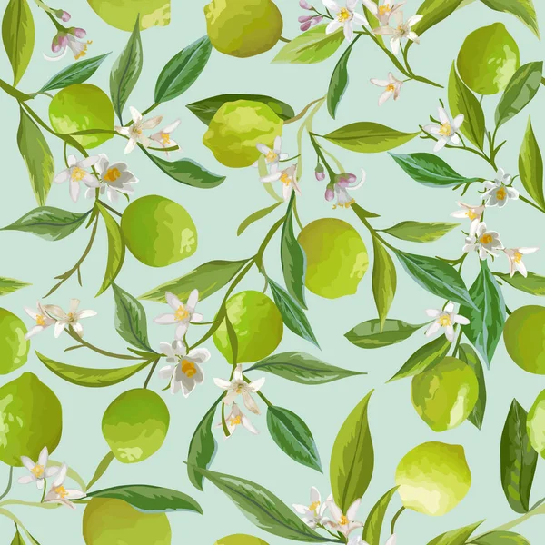 반사기 Lime Floral Background, Seamless Fruits, Citrus Fruits, Flowers, Leaves, Limes Branches Texture — 스톡 벡터