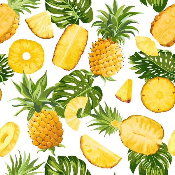Feuilles de palmier tropicales, Texture sans couture aux ananas, Modèle de jungle tropicale, Arrière-plan de fruits vecteurs colorés — Image vectorielle