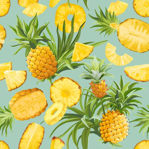 Ananas meyveli tropikal desen, tropik dikişsiz doku, renkli vektör meyveleri arka plan, orman, Hawaii örtüsü — Stok Vektör