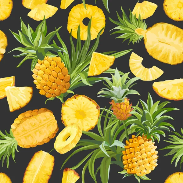 Textura de frutas de abacaxi, Padrão tropical sem costura, Fundo de frutas tropicais vetoriais coloridas, selva, capa do Havaí —  Vetores de Stock