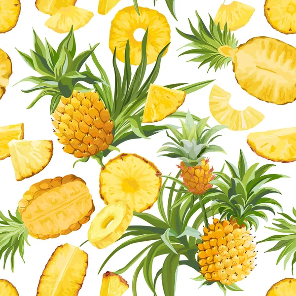 Pineapple Fruple Seamless Tropical Pattern, Colorful Vector Juicy Tropic Fruits, Leaves, Flower Background, Jungle — 스톡 벡터