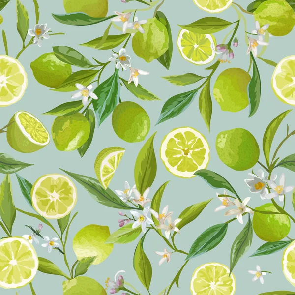 Lime Seamless Pattern ( 영어 ). 감귤류 과일 Vector Illustration Background. Floral Vintage Romantic Garden Print, Texture — 스톡 벡터