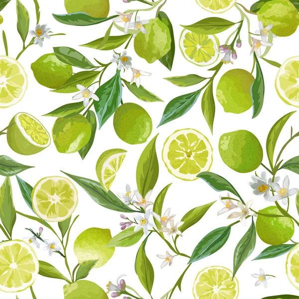 Lime Seamless Fruit Vector Pattern. Floral Citrus Illustration Hintergrund. Blumen, Blätter, Limetten, Zitronen Design — Stockvektor