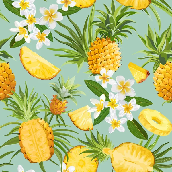 Patrón sin costura de piña y flores tropicales, fondo exótico de moda vectorial, textura de frutas de Plumeria — Vector de stock