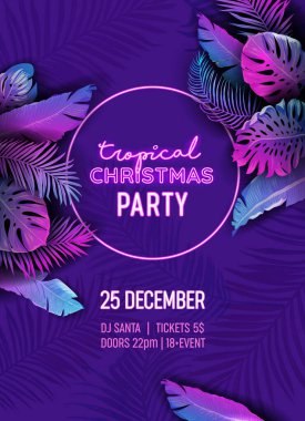Disko Noel Tropik Parti Vektör Posteri, Yeni Yıl Tatil Uçuşu, Neon Canavarı palmiyesi tasarımı