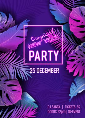 Yeni yıl Disko Tropik Parti Vektör Posteri, Noel Yaz Tatil Uçuşu, Neon Canavarı palmiyesi tasarımı