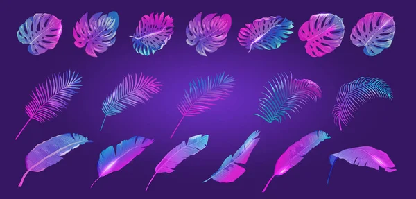 Conjunto de hojas tropicales de neón, Vector Tropical Summer plantilla púrpura vibrante, Plátano, Monstera, Hoja de palma — Archivo Imágenes Vectoriales