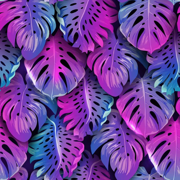 霓虹棕榈叶无缝图案，热带植物矢量树设计，振动迪斯科Monstera热带背景 — 图库矢量图片