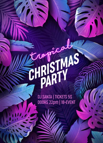 Tropic Christmas Party Neon Flyer, Vibrant Vector Letni plakat wakacyjny, Disco Monstera Liście Palmy projekt — Wektor stockowy