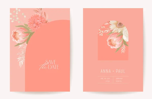 Virágos esküvői meghívó botanikus kártya, boho száraz virágok és levelek poszter, keret készlet, modern minimális terrakotta — Stock Vector