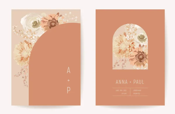 Blommig bröllop inbjudan botaniska kort, boho torra blommor och blad affisch, ram set, modern minimal terrakotta — Stock vektor