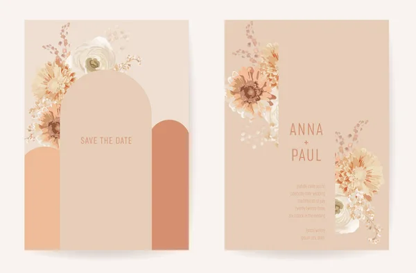 Boda floral boho invitación tarjeta, flores secas plantilla de diseño con dalia, anémona, marco conjunto — Archivo Imágenes Vectoriales