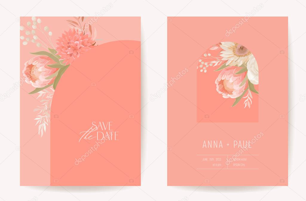 Floral wedding invitation botanical card, boho dry flowers and leaves poster, frame set, modern minimal terracotta