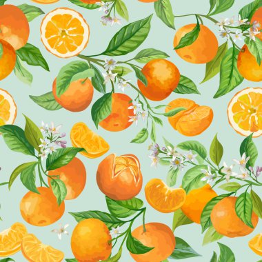 Kusursuz Mandarin çiçek deseni. Vektör Meyve Arkaplanı, Turunçgil Meyveleri, Çiçekler, Yapraklar, Portakal Dalları Dokusu