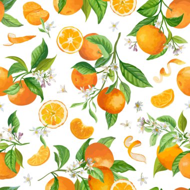 Mandarin Çiçek deseni, Vektör Kusursuz Meyve Arkaplanı, Citrus Meyveleri, Çiçekler, Yapraklar, Limonlar Dalı