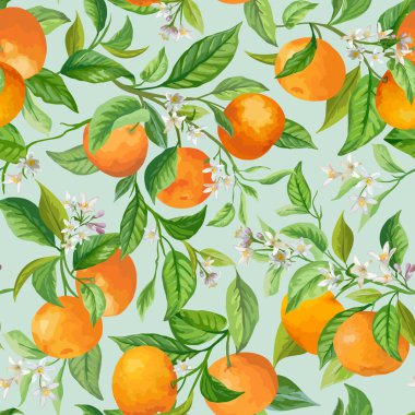 Vektör Mandarin Çiçek Arkaplanı, Kusursuz Meyve Örnekleri, Citrus Meyveleri, Çiçekler, Yapraklar, Dallar